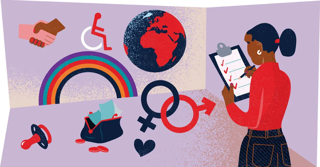 Illustration där en person står och bockar av punkter på ett papper. I bakgrunden syns bland annat en regnbåge, jordglob, handskakning, napp.