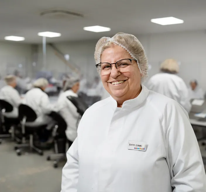 En Samhallmedarbetare i arbetskläder står i en produktionsmiljö med kollegor i bakgrunden.