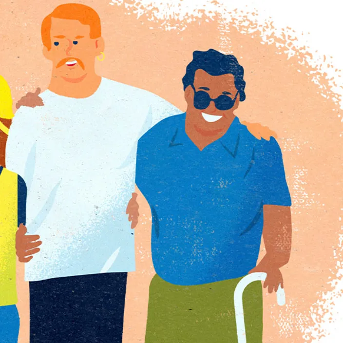 illustration med färglada färger på två människor som står på rad. En är rödhårig med mustasch och den andra har en käpp och solglasögon.