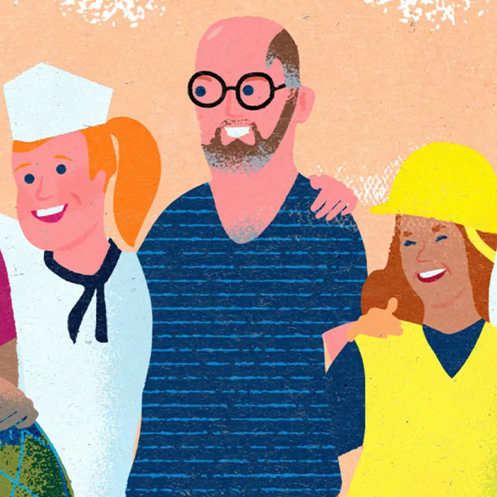 illustration med färglada färger på tre människor som står på rad. 