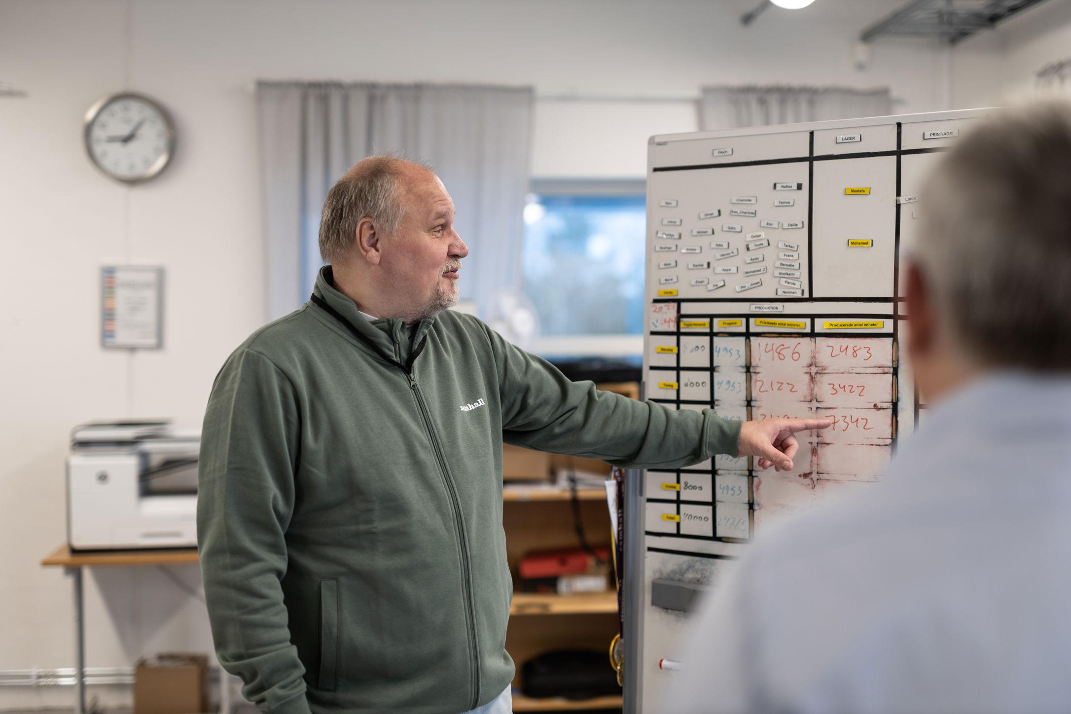 En medarbetare visar och förklarar siffror på en whiteboard för kollegor.